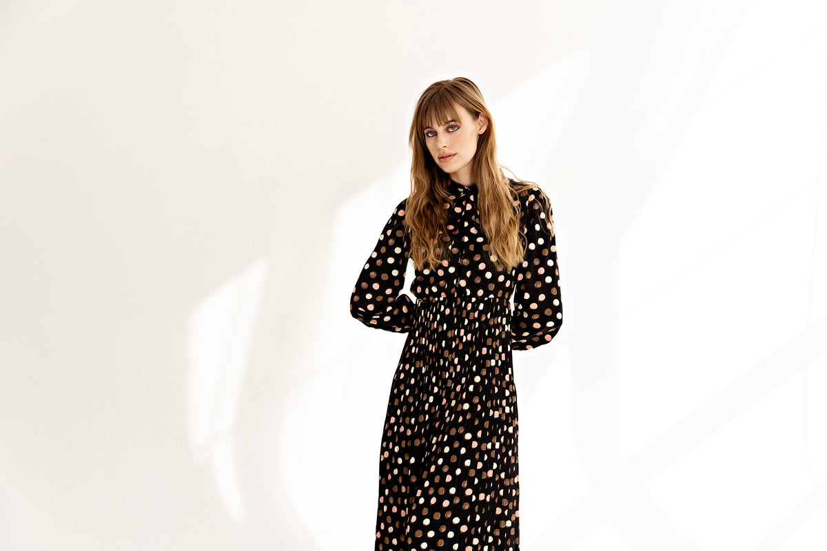 White Polka Dot Pleated Black Dress