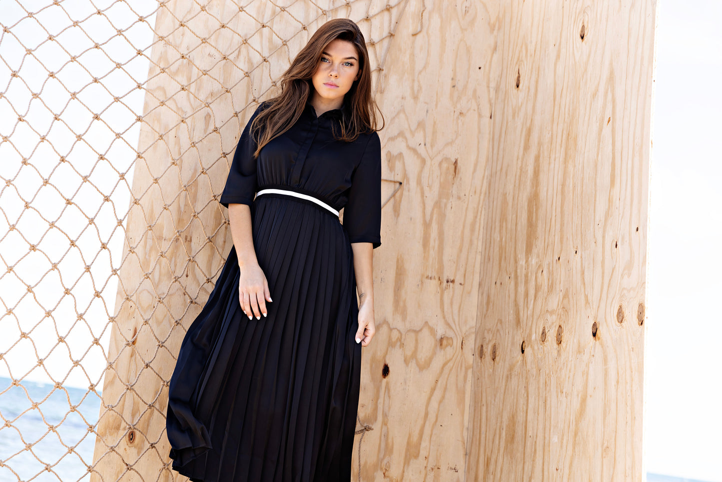 Stripe Pleated Dress IN: Black