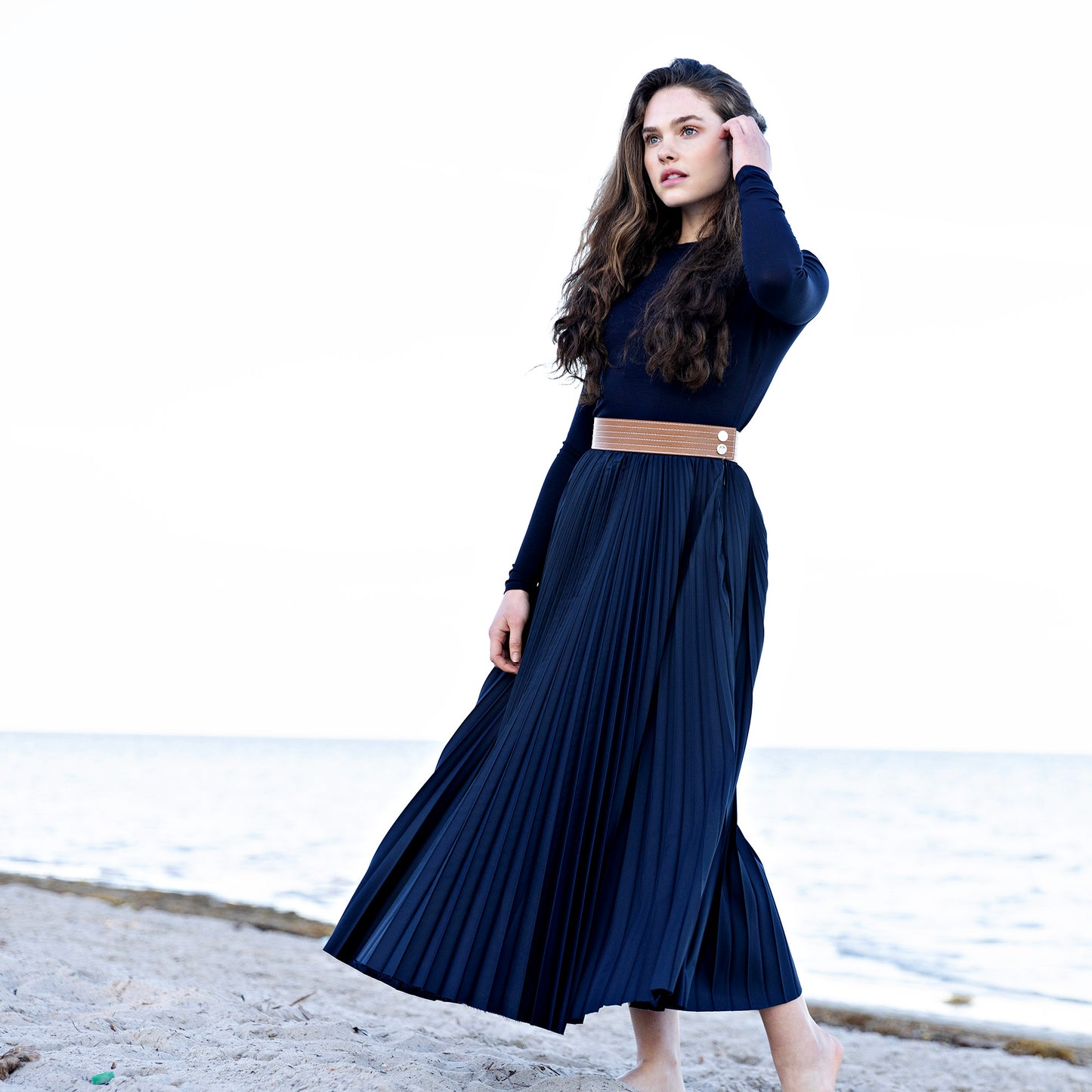 Leather Waist Pleated Skirt IN: Ink