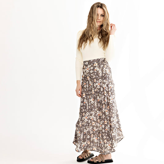 Signature Summer Circle Midi Skirt IN: Grey Floral Print