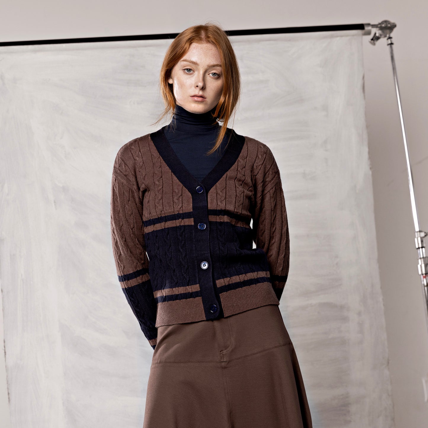 Varsity Cardigan IN: Navy/Brown