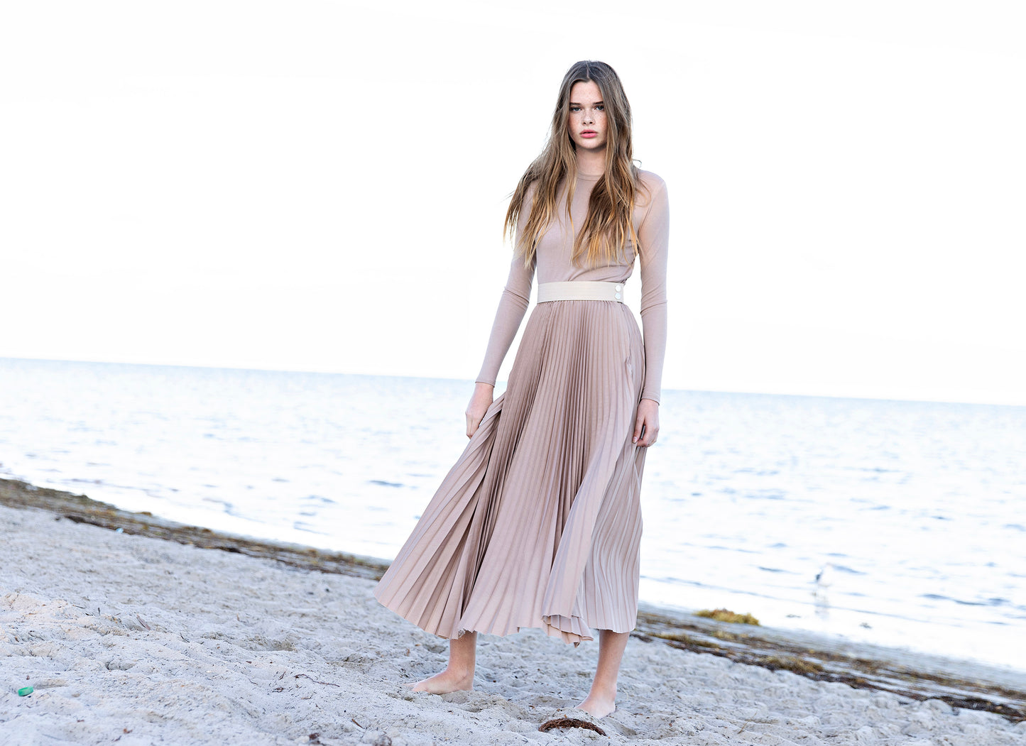 Leather Waist Pleated Skirt IN: Sand