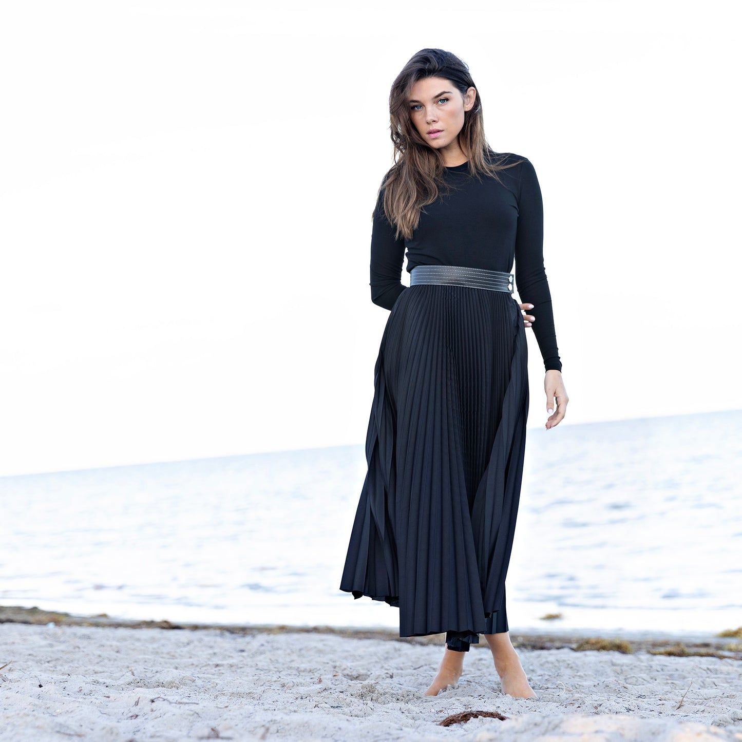 Leather Waist Pleated Skirt IN: Black