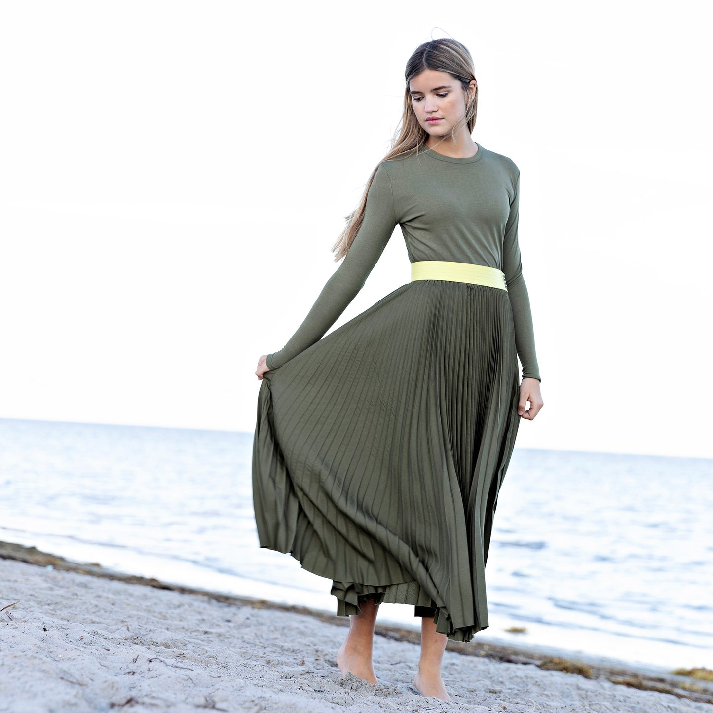 Leather Waist Pleated Skirt IN: Olive