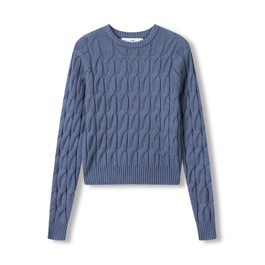 Round Neck Cable Knit Sweater IN: Grey Blue