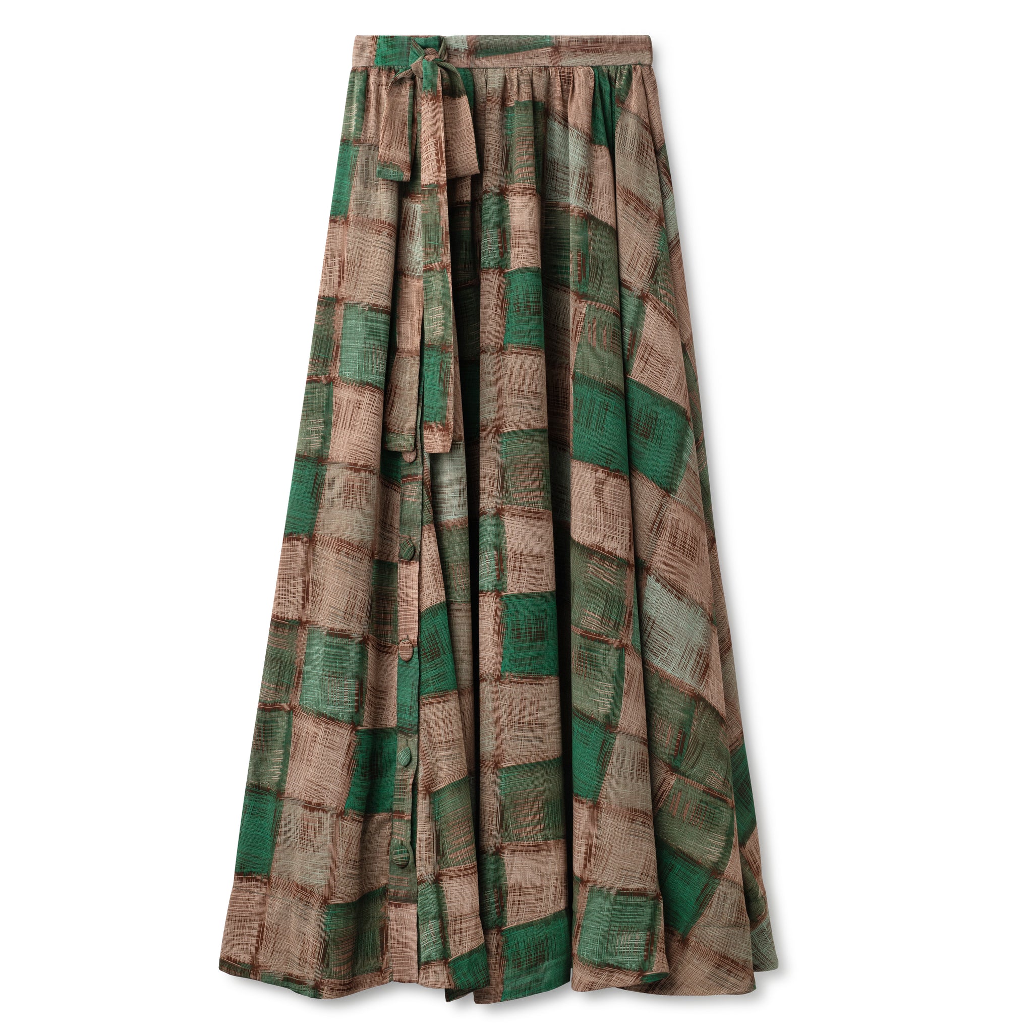 Button Down Plaid Print Skirt IN: Green Brown Plaid