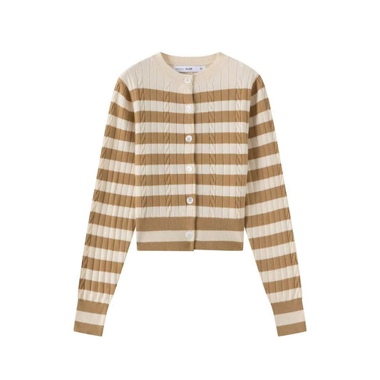 Cable Knit Cardigan IN:Caramel Stripe