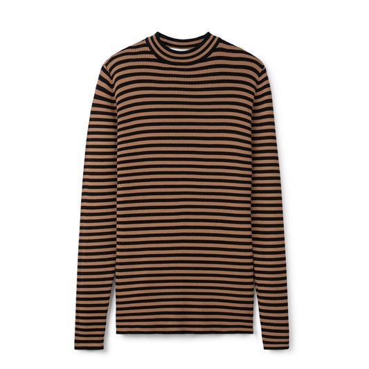 Striped Knit Mockneck - Mocha/Black
