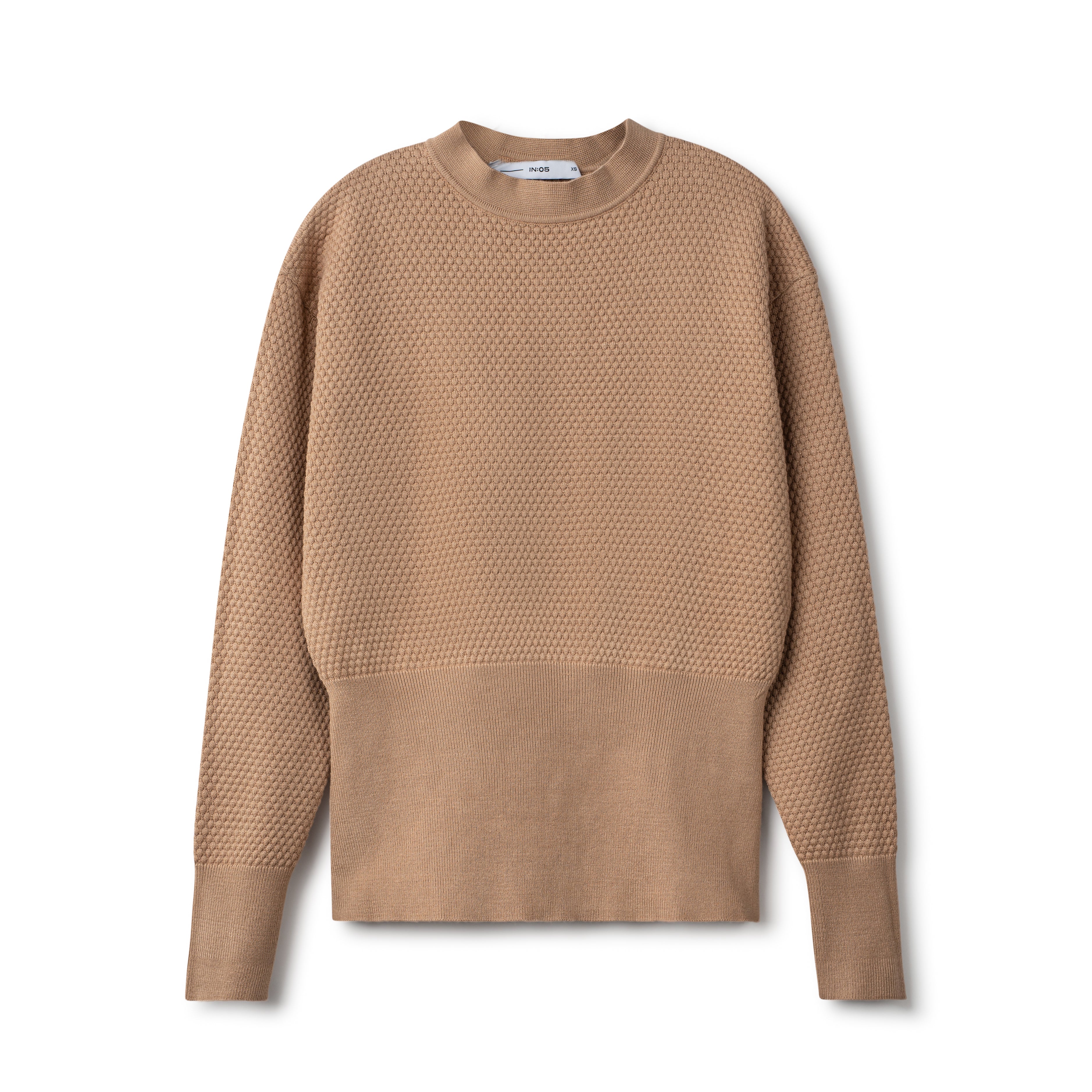 Textured Knit Sweater with Wide Waist Band - Camel