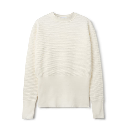 Textured Knit Sweater with Wide Waist Band - Ivory