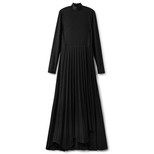 Asymmetric Long Pleated Dress - Black
