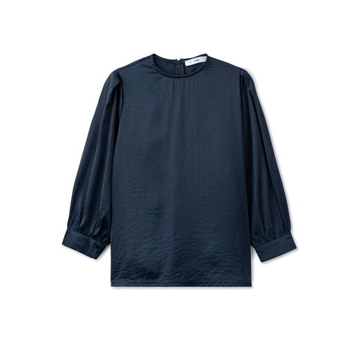 Puff Sleeve Silk  Top - Navy